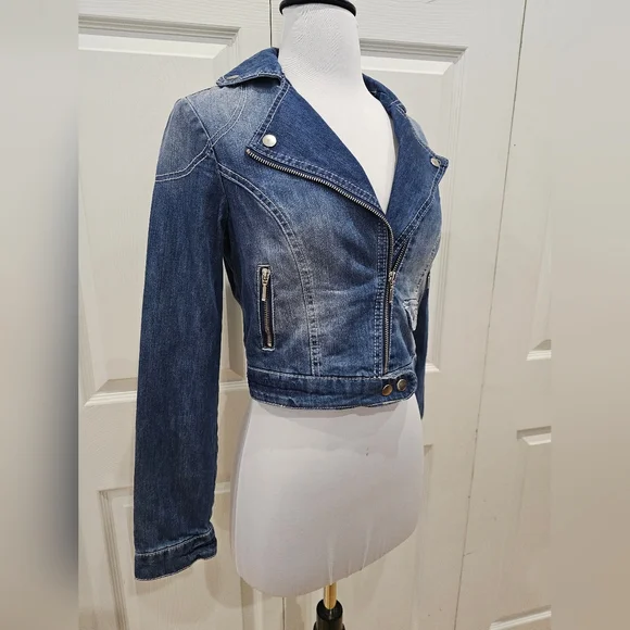 Wet Seal Wall Flower Distressed Blue Denim Zip Jean Moto Jacket Coat S - Picture 2 of 7